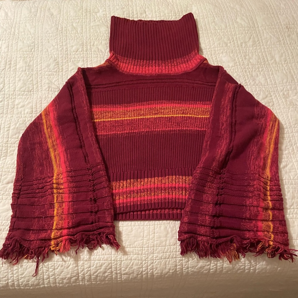Free People Burgundy and Red Striped Long Bell Sleeve Sweater